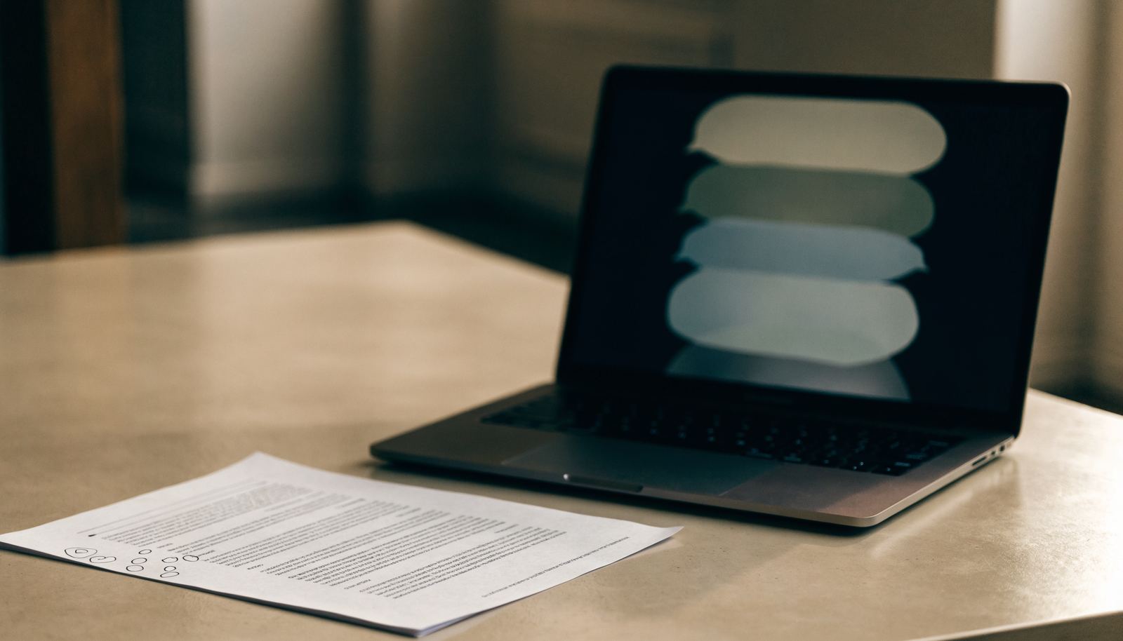 Schreibtisch mit Laptop, auf dem ein Dialogverlauf zu sehen ist, daneben ein Ausdruck mit handschriftlichen Notizen