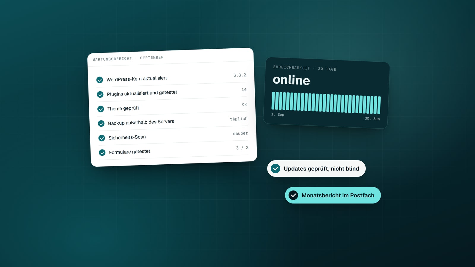 Illustration: monatlicher Wartungsbericht mit abgehakten Updates, Backup und Sicherheits-Scan, daneben die Erreichbarkeit der letzten 30 Tage