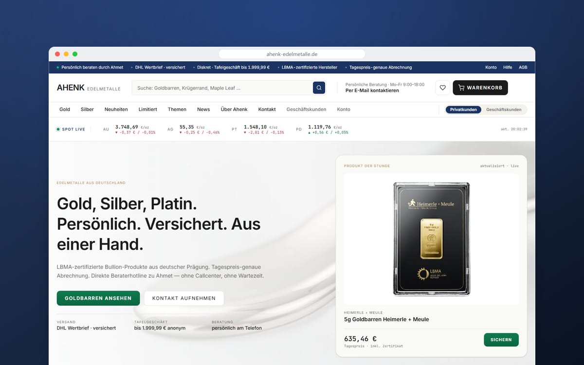 Startseite von AHENK Edelmetalle in einem Browserfenster