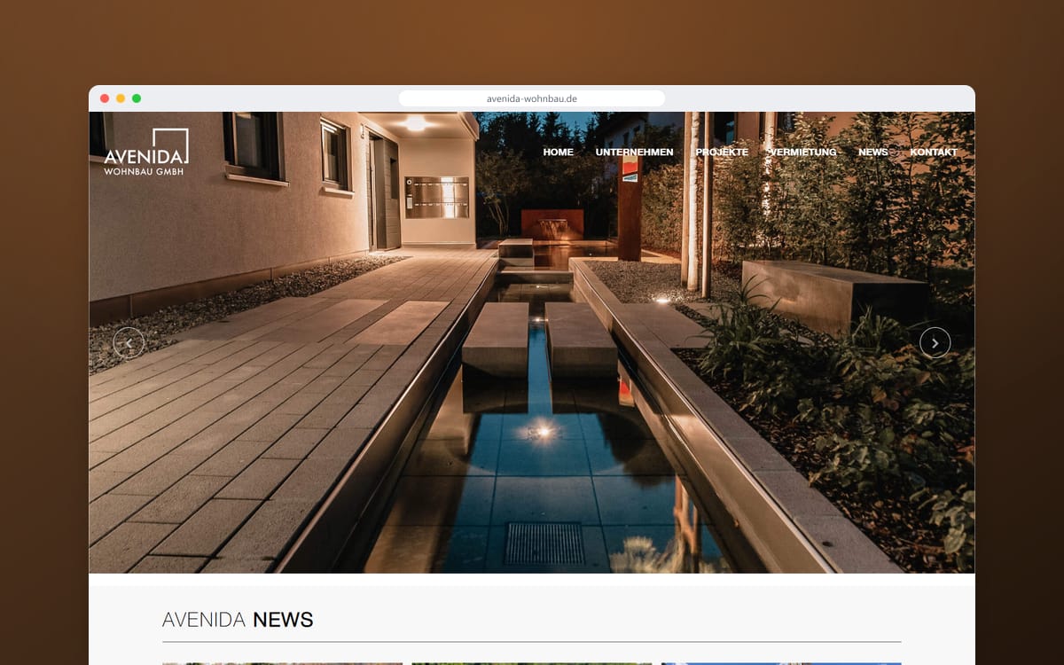 Startseite von Avenida Wohnbau in einem Browserfenster