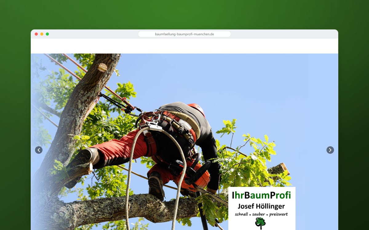 Startseite von Ihr Baumprofi München in einem Browserfenster