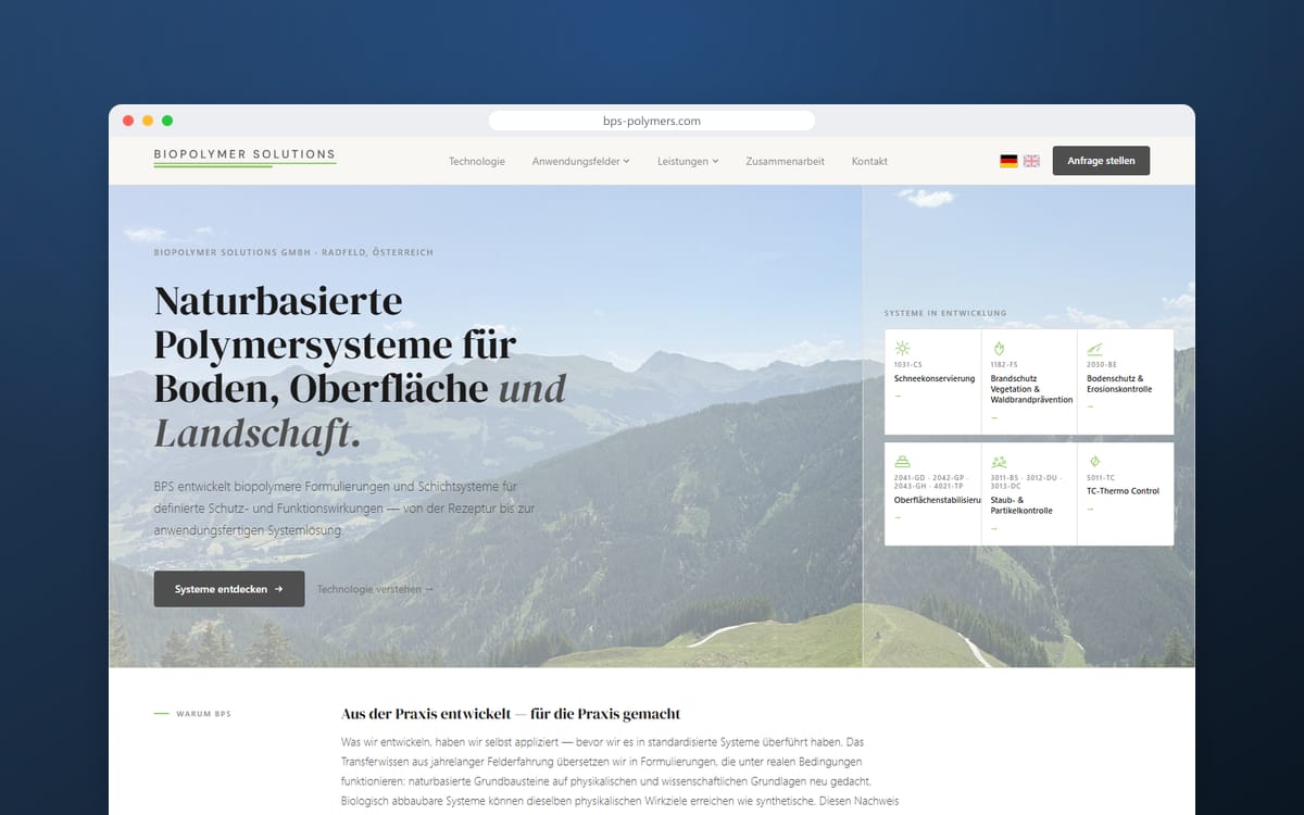 Startseite von BPS Biopolymer Solutions in einem Browserfenster