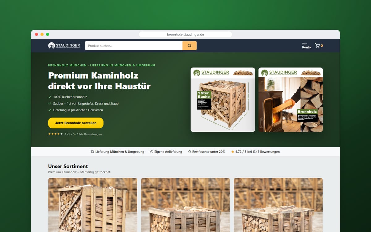 Startseite von Brennholz Staudinger in einem Browserfenster