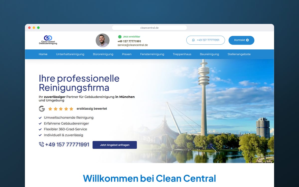 Startseite von Clean Central in einem Browserfenster