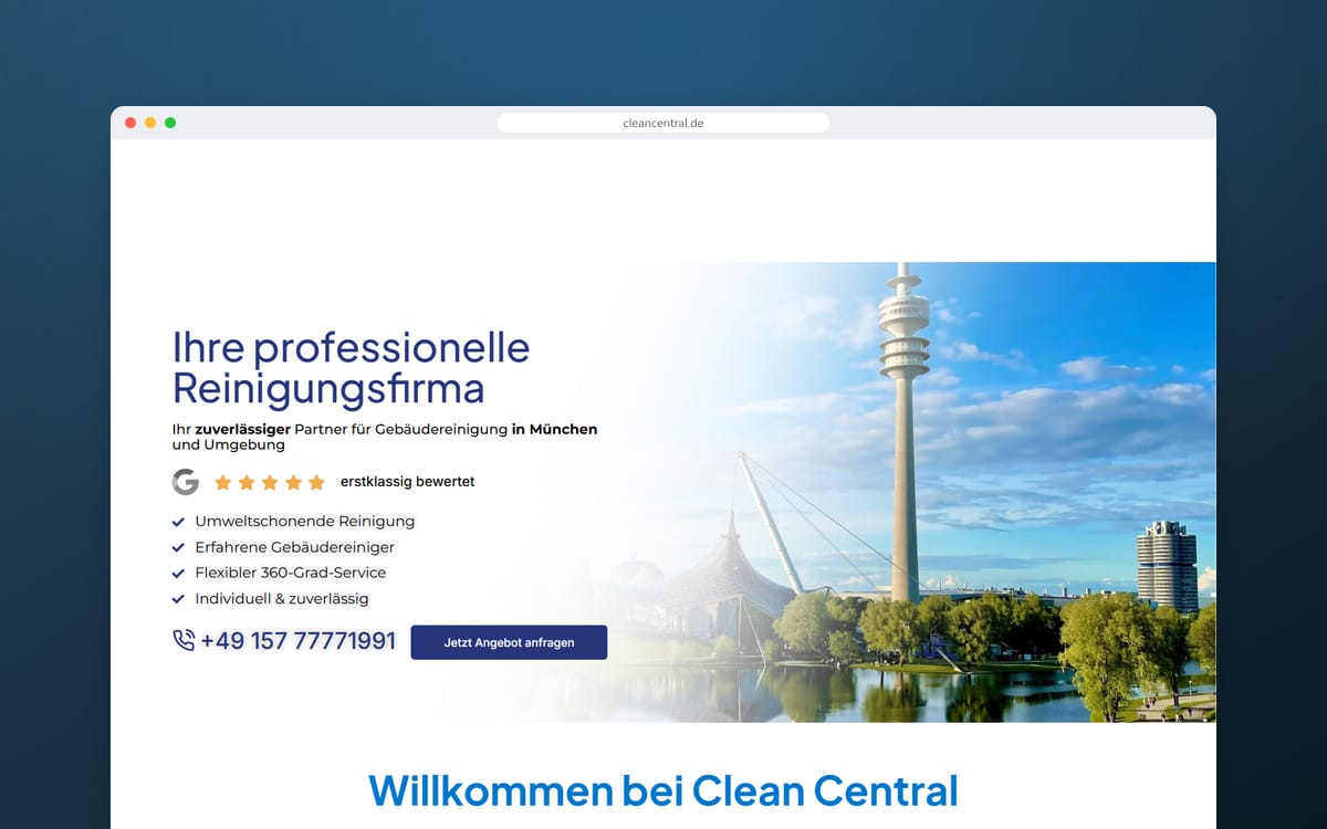 Startseite von Clean Central in einem Browserfenster