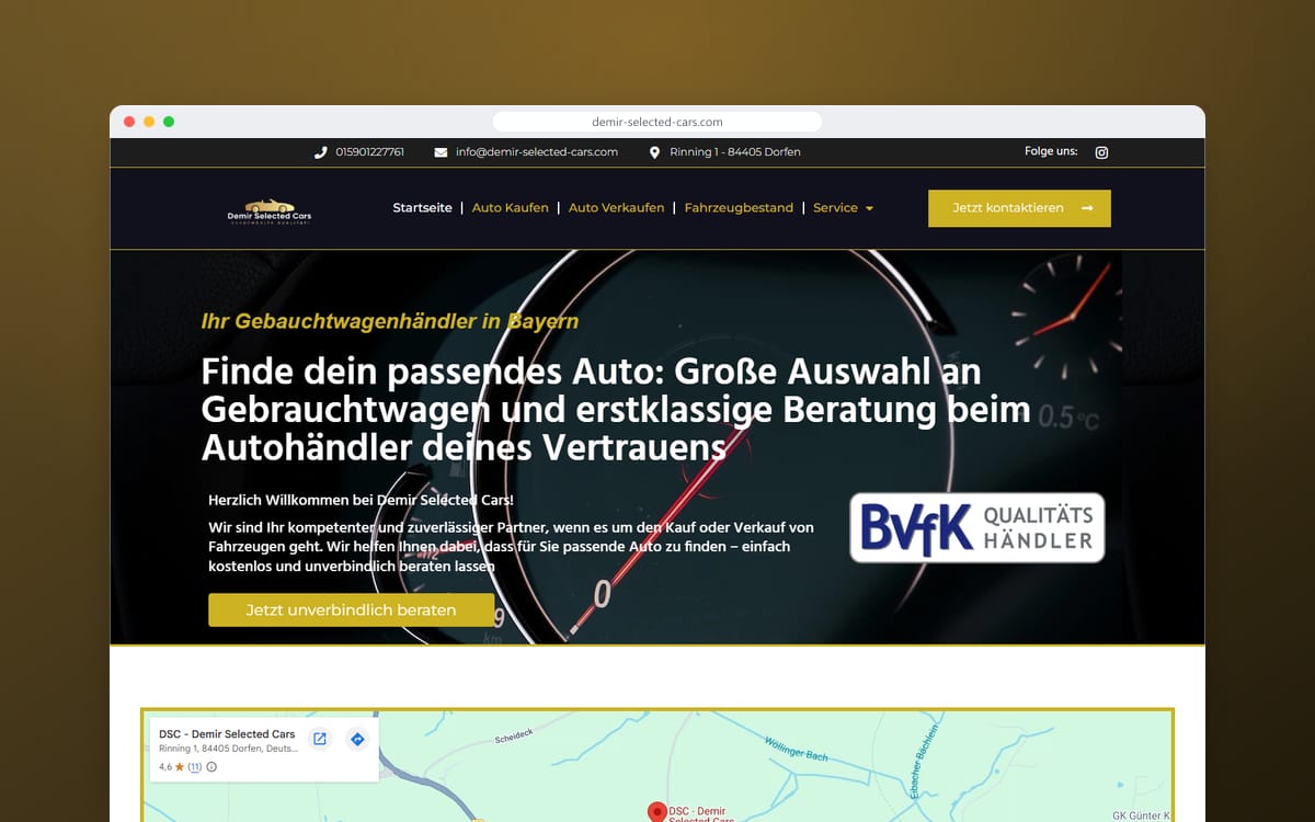 Startseite von Demir Selected Cars in einem Browserfenster