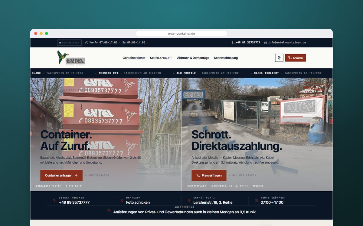 Startseite von Entel Container in einem Browserfenster