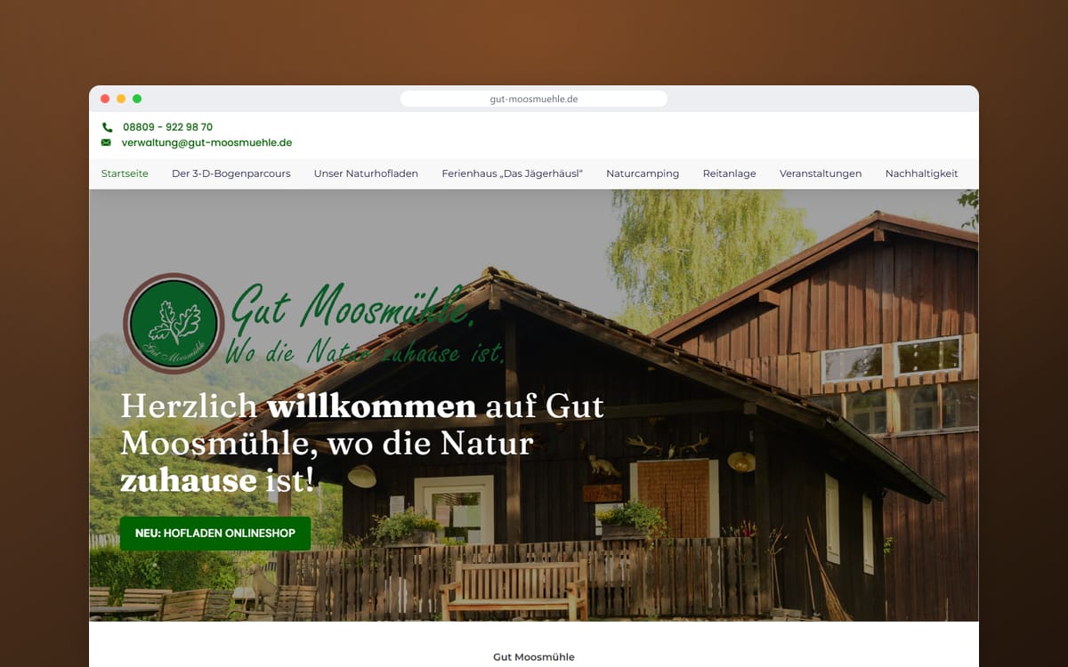 Startseite von Gut Moosmühle in einem Browserfenster