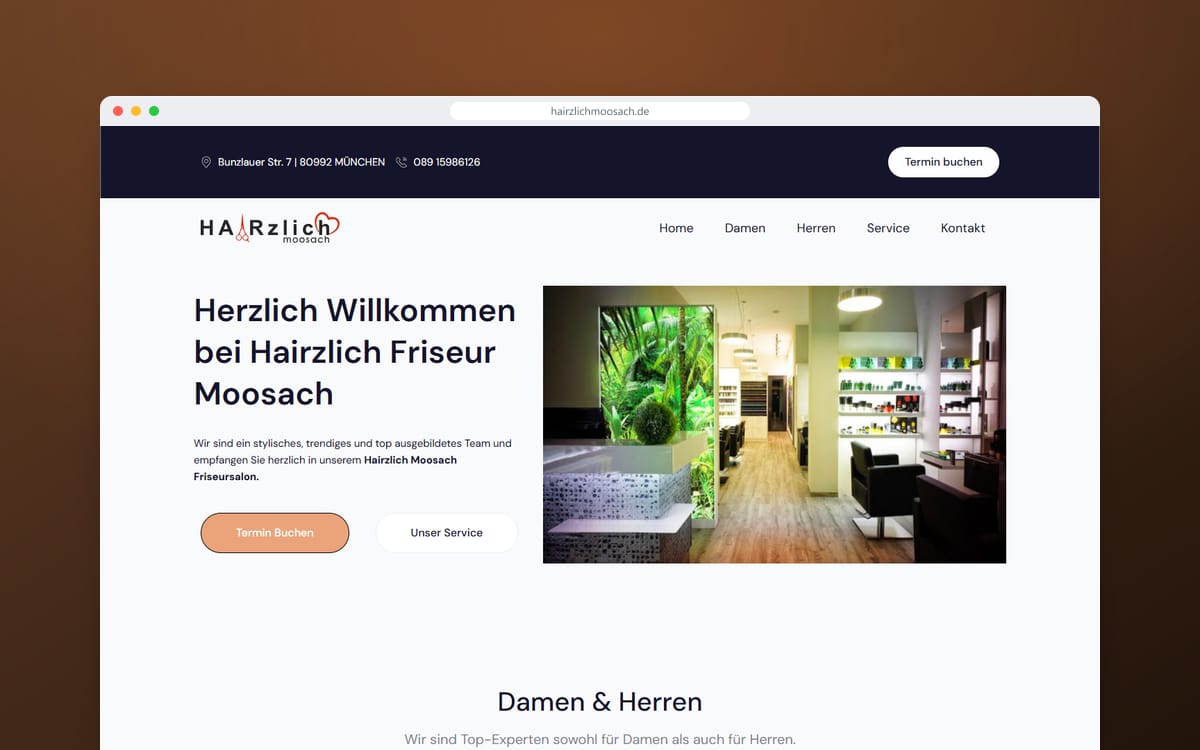 Startseite von Hairzlich in einem Browserfenster