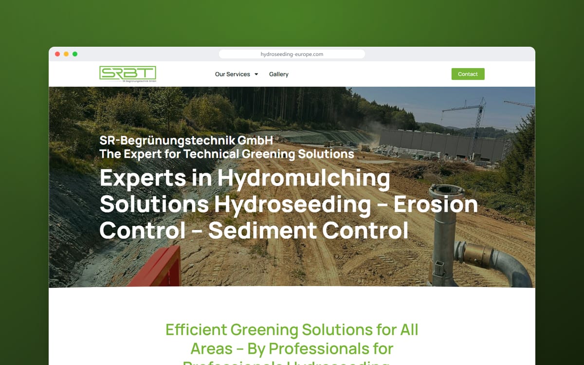 Startseite von Hydroseeding Europe in einem Browserfenster