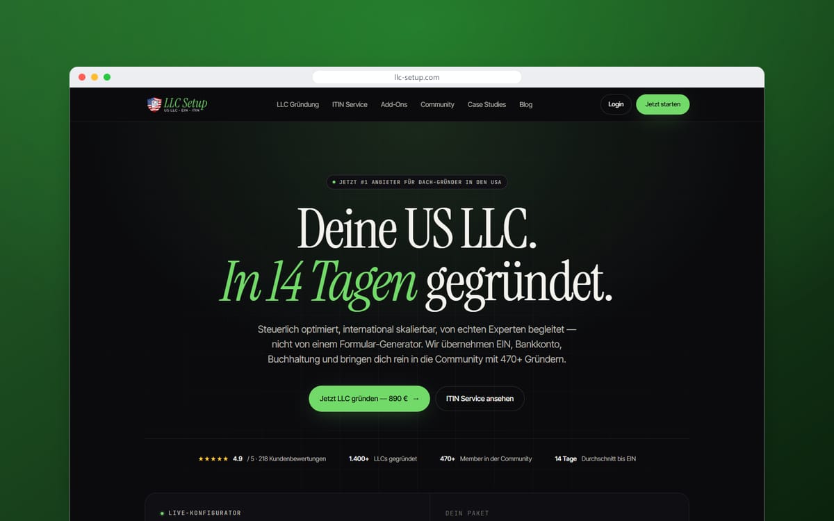 Startseite von LLC-Setup in einem Browserfenster