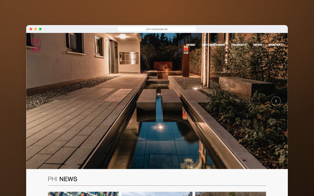 Startseite von PHI Real Estate in einem Browserfenster