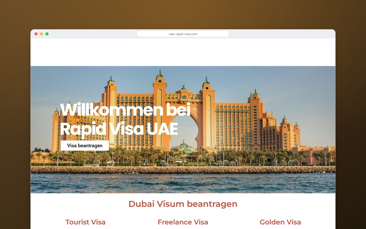 Startseite von Rapid Visa in einem Browserfenster