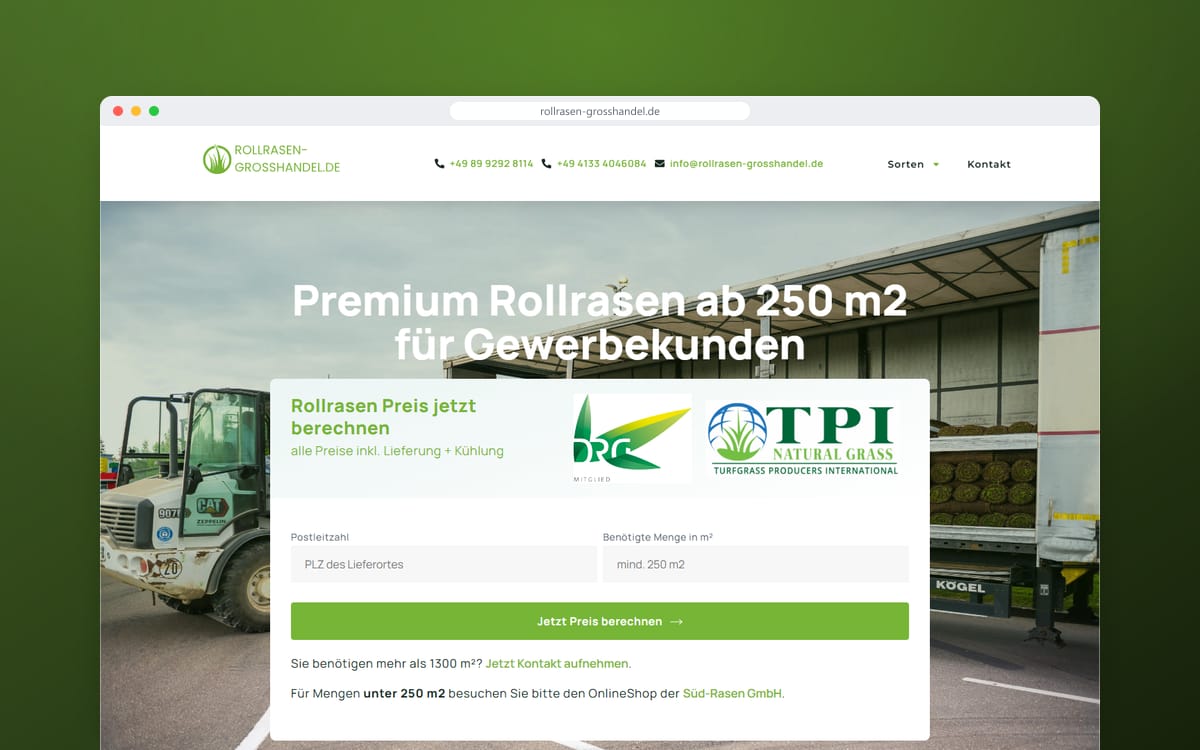 Startseite von Rollrasen Großhandel in einem Browserfenster