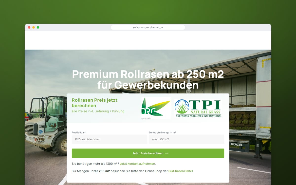 Startseite von Rollrasen Großhandel in einem Browserfenster