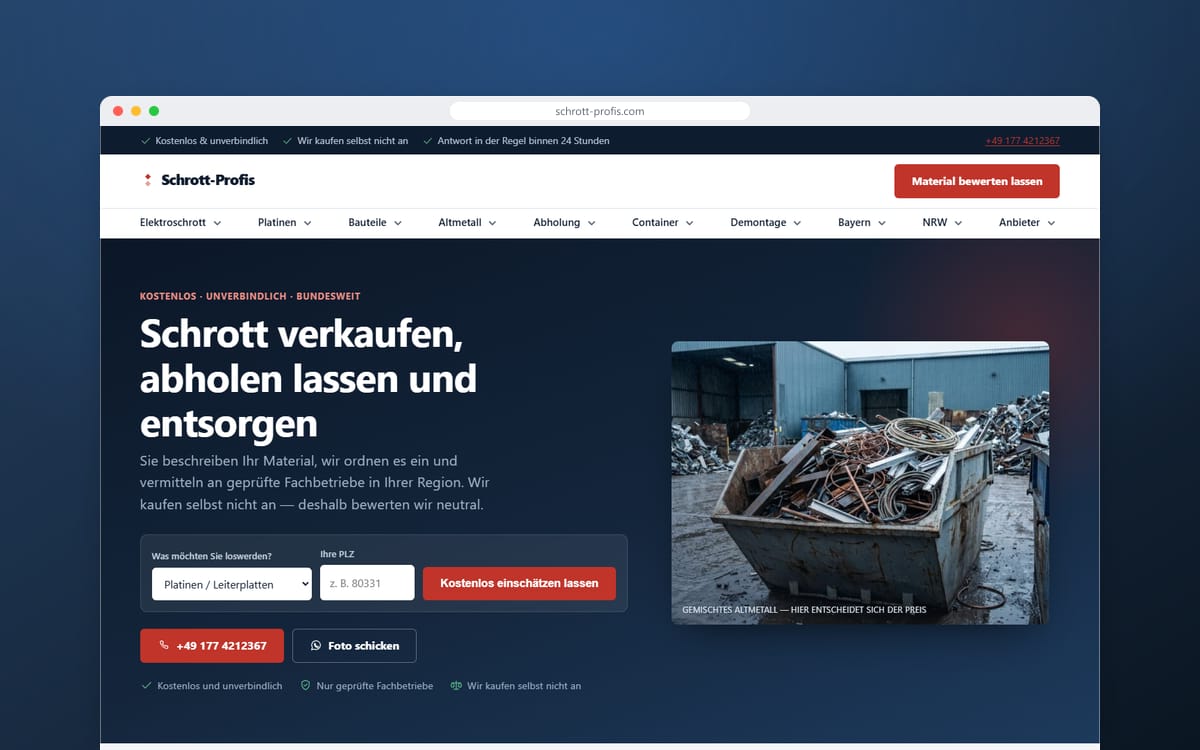 Startseite von Schrott-Profis in einem Browserfenster