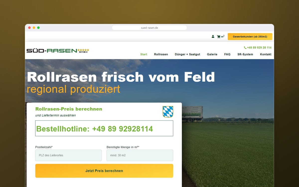 Startseite von Süd-Rasen in einem Browserfenster