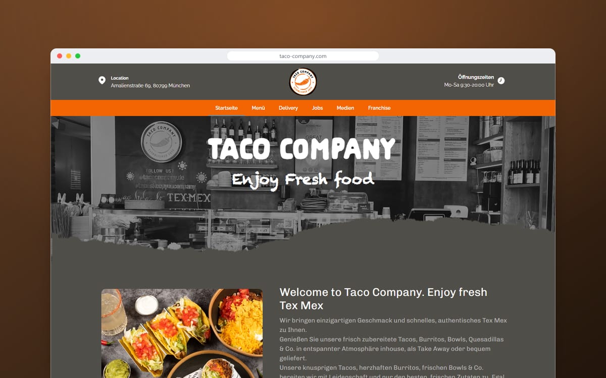 Startseite von Taco Company in einem Browserfenster