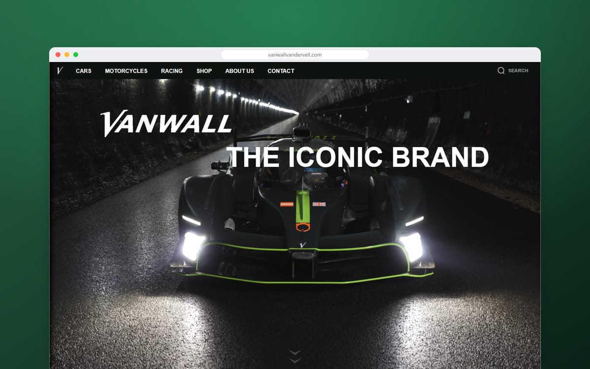 Startseite von Vanwall Vandervell in einem Browserfenster