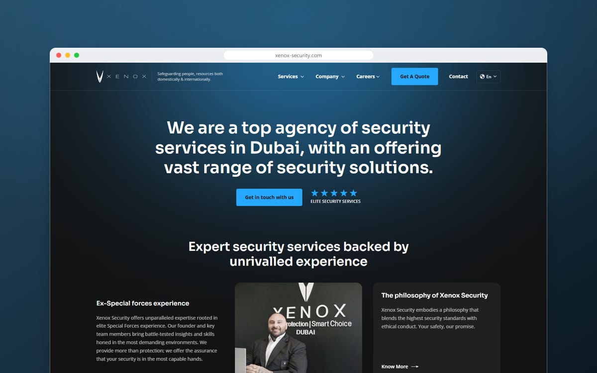 Startseite von Xenox Security in einem Browserfenster