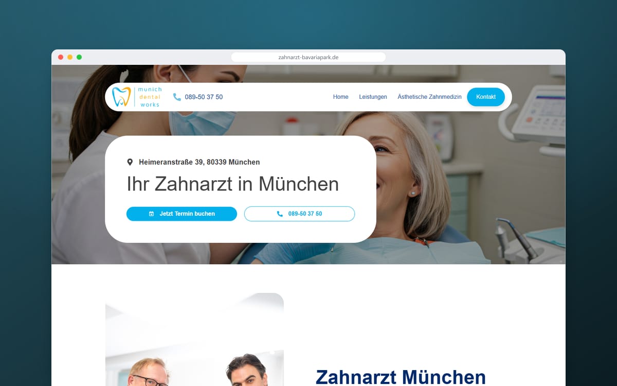 Startseite von Zahnarzt Bavariapark in einem Browserfenster
