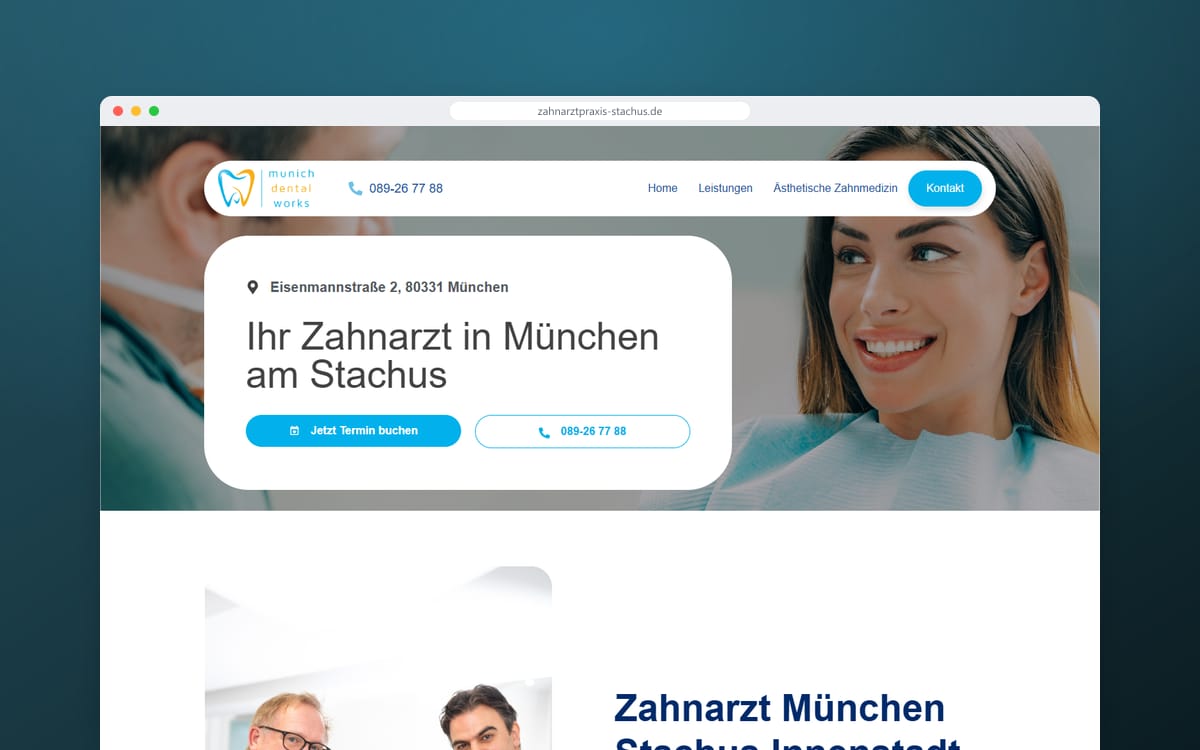 Startseite von Zahnarztpraxis Stachus in einem Browserfenster